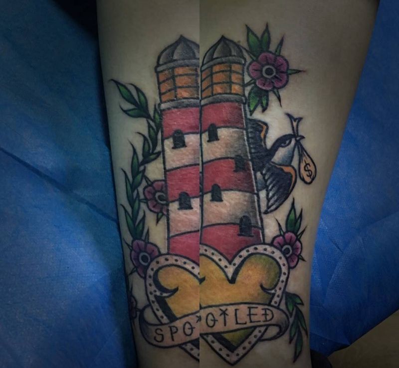 疤痕遮盖纹身图片_成品欧美遮盖灯塔纹身图案