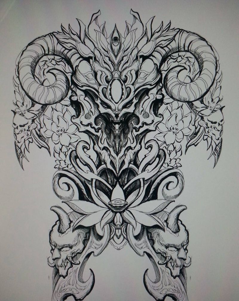 魔羯纹身图片_手稿背部纹身图案