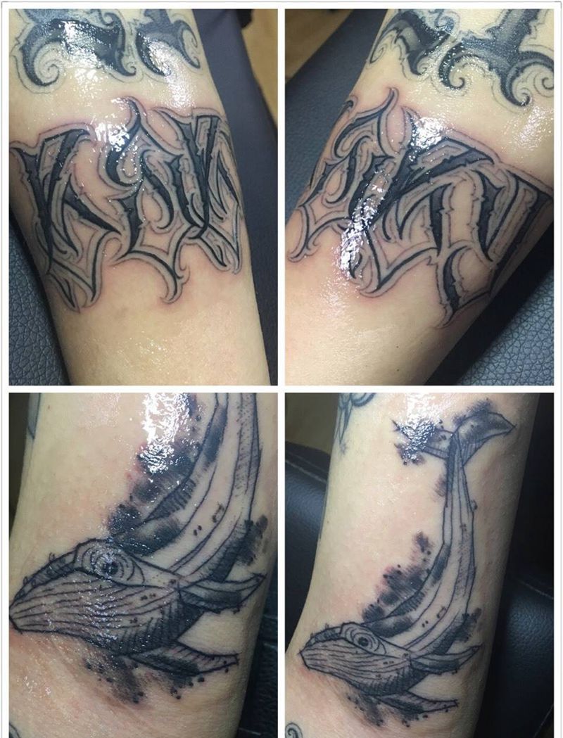 今天的作品纹身图片_成品欧美手稿清新花体字奇卡诺鲸鱼纹身图案