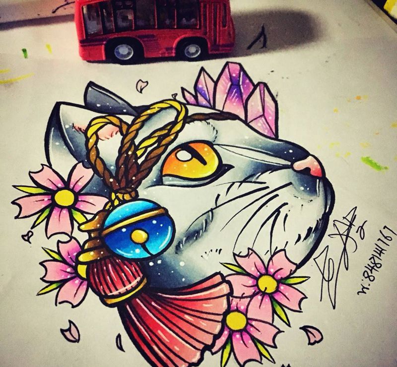 old school纹身图片_成品手稿插画欧美清新动物猫咪喵星人纹身图案