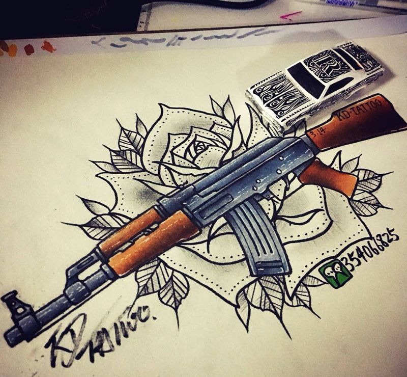 ak47纹身图片_手稿插画欧美AK47纹身图案