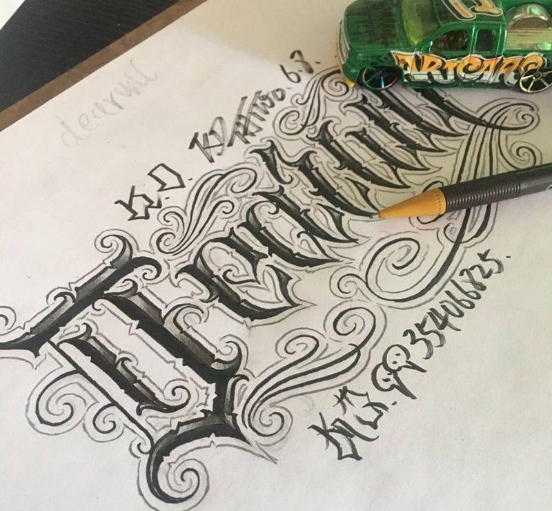 奇卡诺手写字体纹身图片_成品手稿插画欧美字符花体字奇卡诺匪帮纹身图案