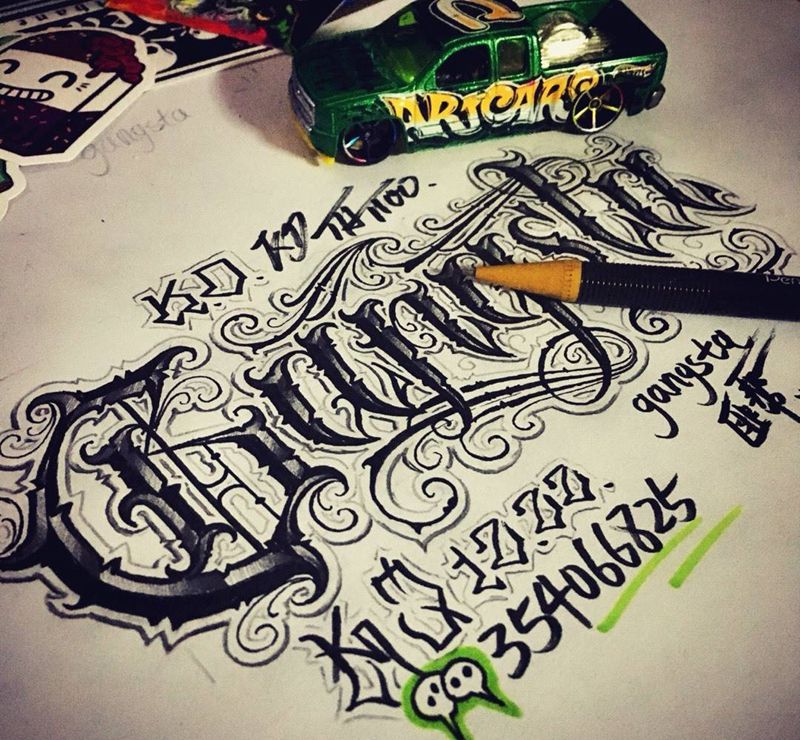 奇卡诺手写字体纹身图片_手稿成品欧美字符匪帮奇卡诺花体字纹身图案