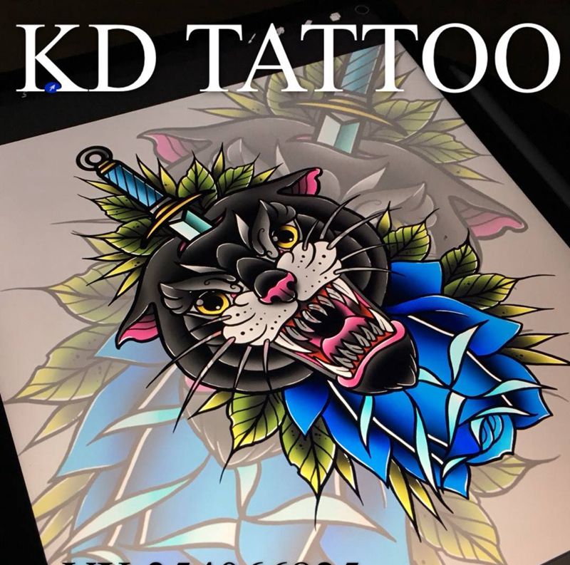 嗷....纹身图片_Old School玫瑰黑豹纹身图案