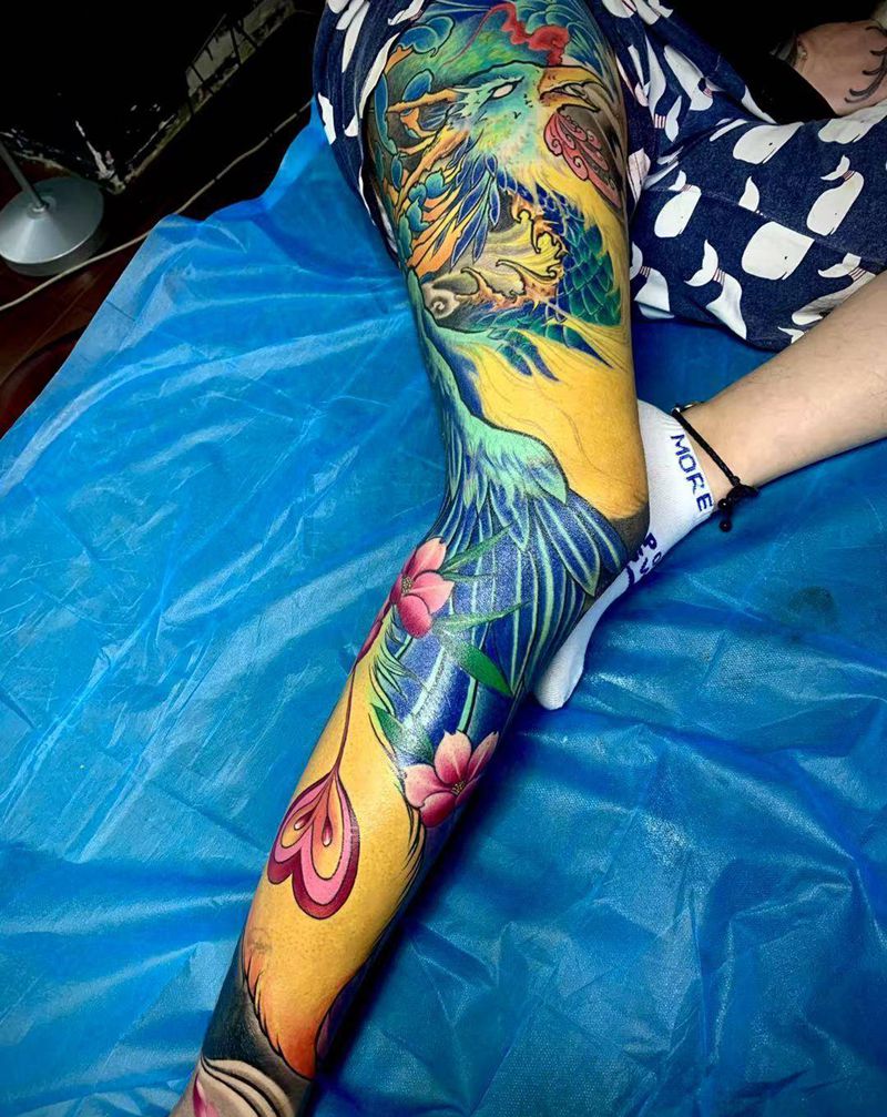 花腿纹身图片_腿部新传统纹身图案