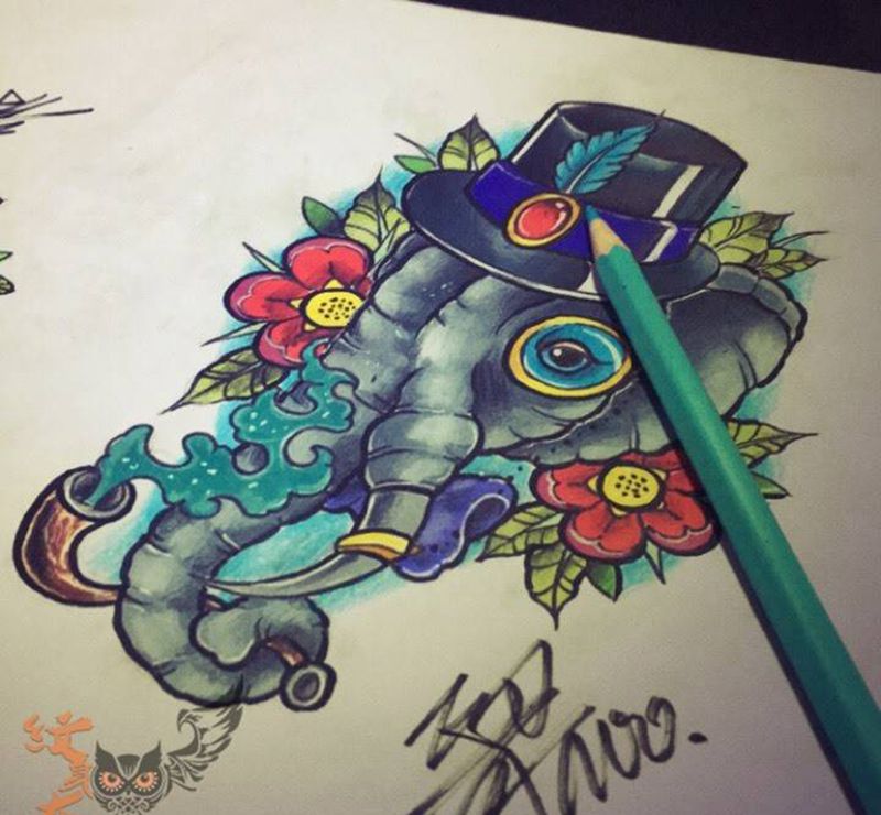 大象纹身图片_手稿插画手臂颈部肩部欧美清新贴纸人物动物纹身图案