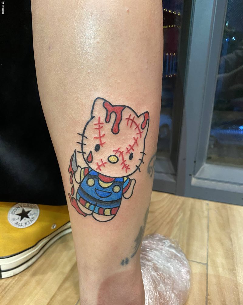 拼接血腥hallo kitty纹身图片_腿部New School纹身图案