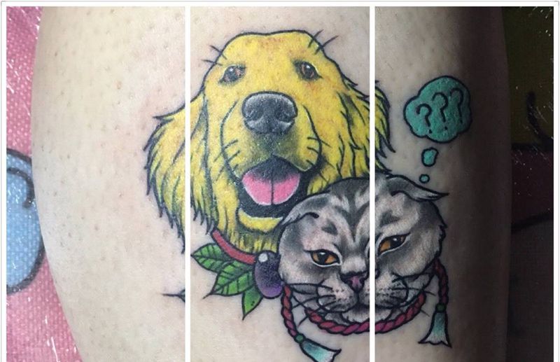 old school纹身图片_成品手稿腿部欧美动物喵星人猫咪旺星人纹身图案