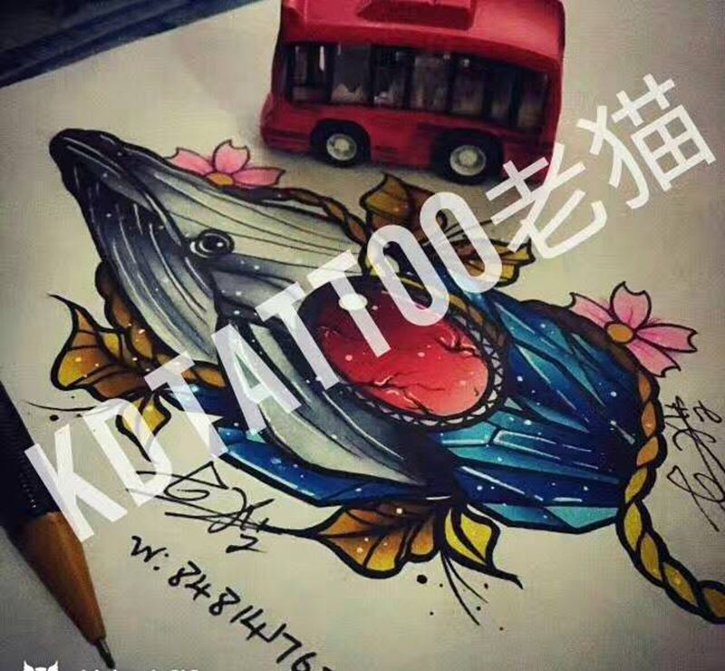 old school纹身图片_成品手稿插画欧美清新宝石钻石鲸鱼纹身图案