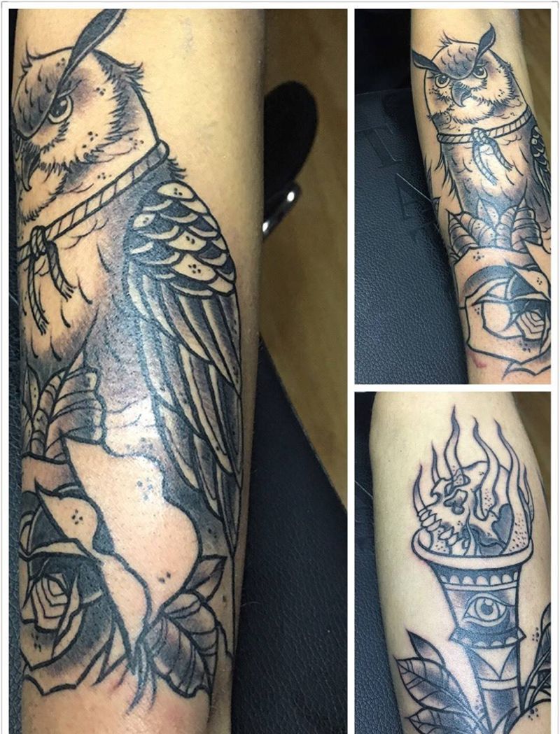 今天工作纹身图片_成品手稿欧美动物猫头鹰火炬骷髅纹身图案