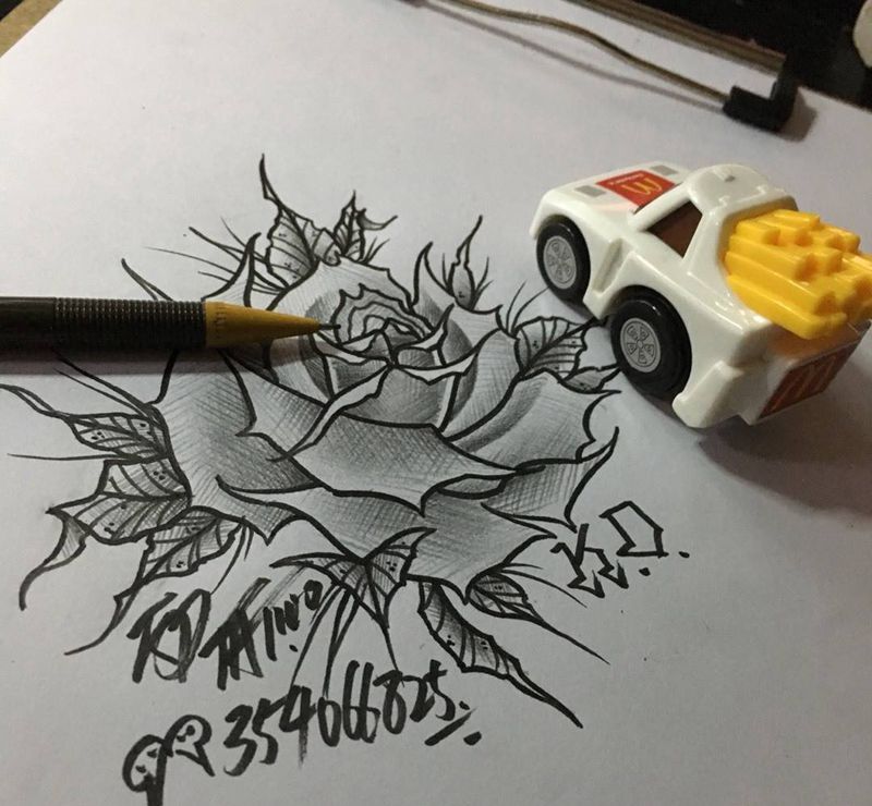 old school纹身图片_成品手稿插画欧美清新植物玫瑰纹身图案