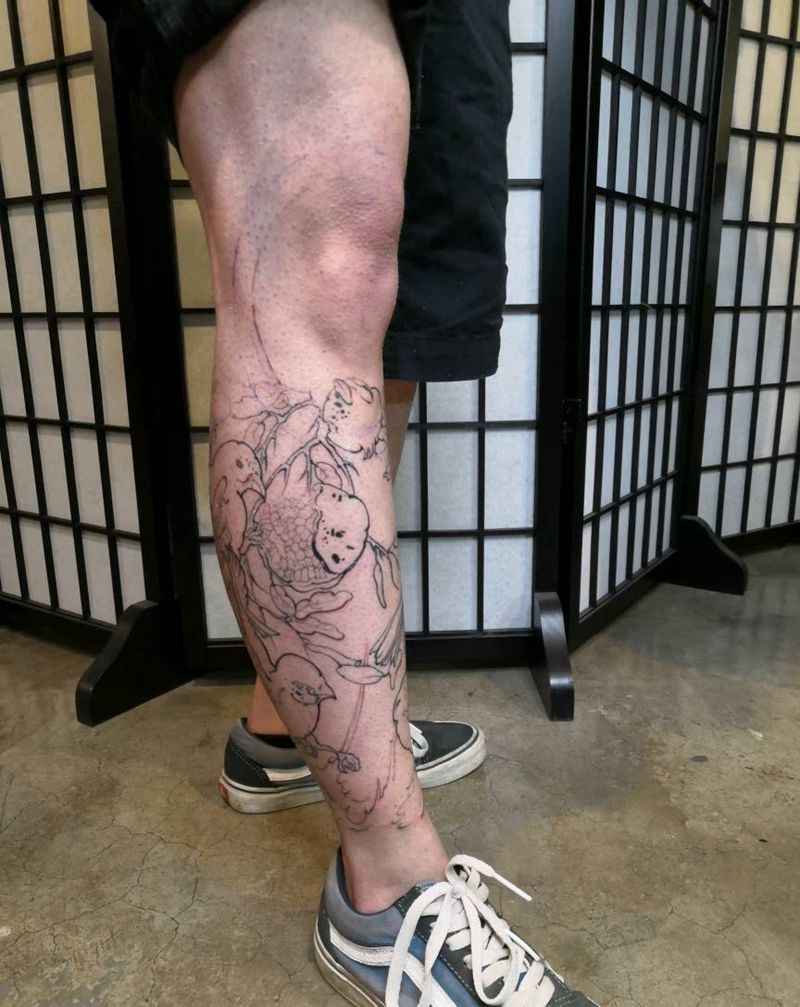 雀 石榴包小腿纹身图片_腿部新传统鸟 石榴纹身图案