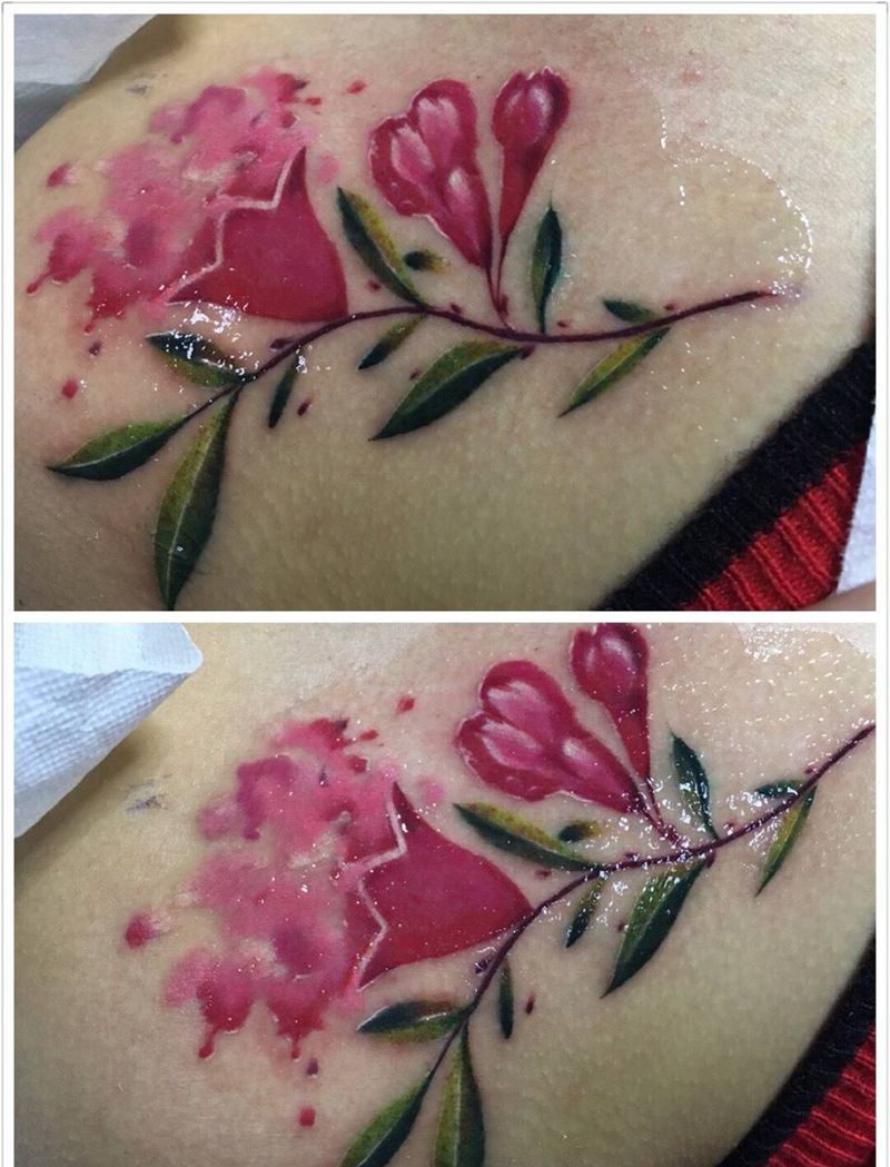 水彩小清新纹身图片_成品肩部欧美清新植物水彩纹身图案