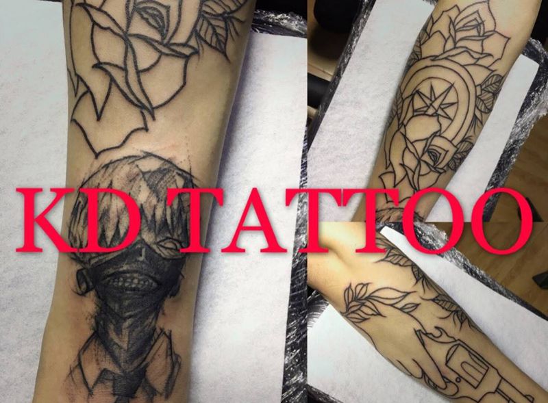 恢复后继续纹身图片_成品手臂欧美玫瑰左轮纹身图案