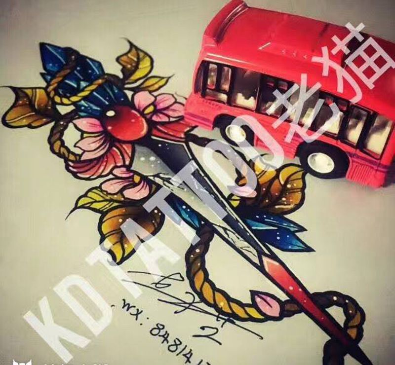 old school纹身图片_成品手稿插画欧美清新匕首水晶纹身图案