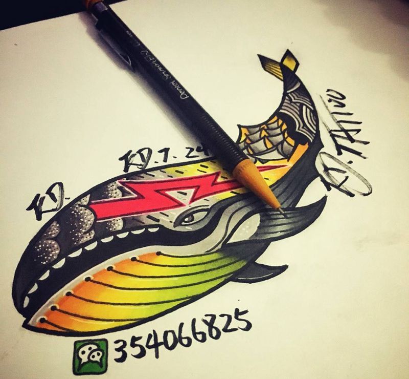 Old school鲸纹身图片_手稿插画欧美纹身图案