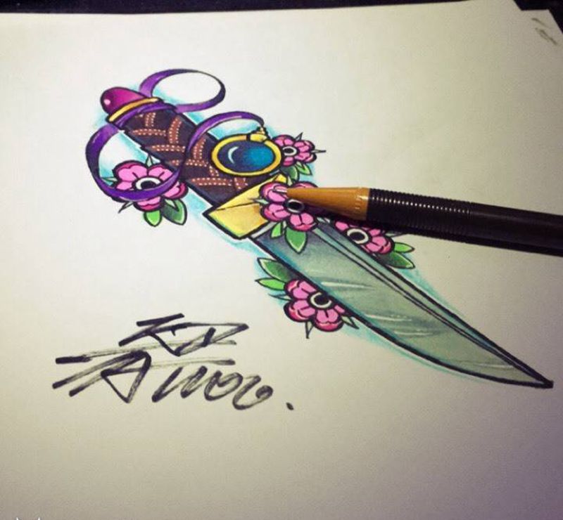 匕首 船⚓️纹身图片_手稿插画手臂欧美静物纹身图案