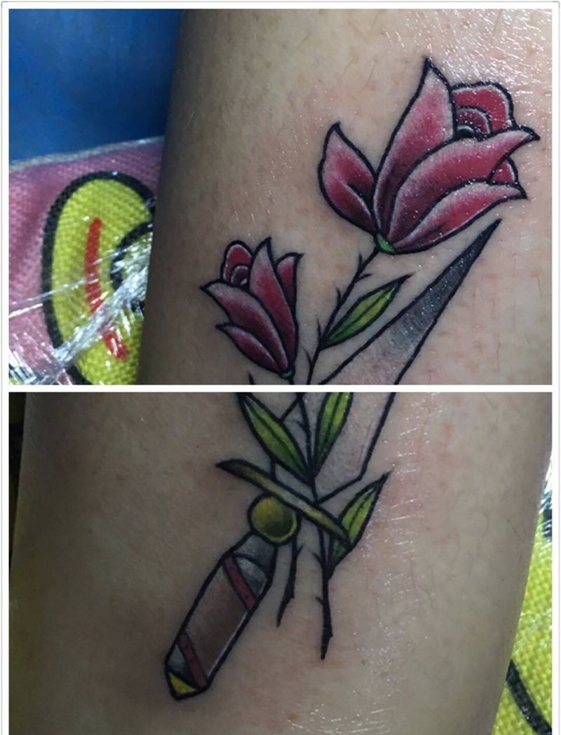 old school纹身图片_成品腿部欧美植物匕首纹身图案