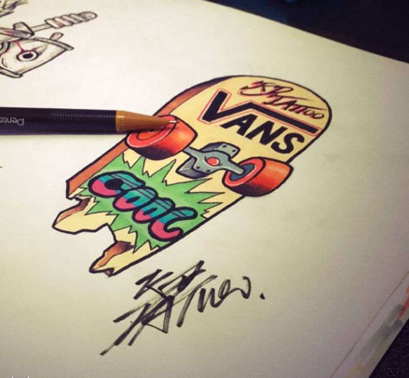 手稿 滑板 Vans纹身图片_手稿插画颈部手臂欧美原创静物纹身图案