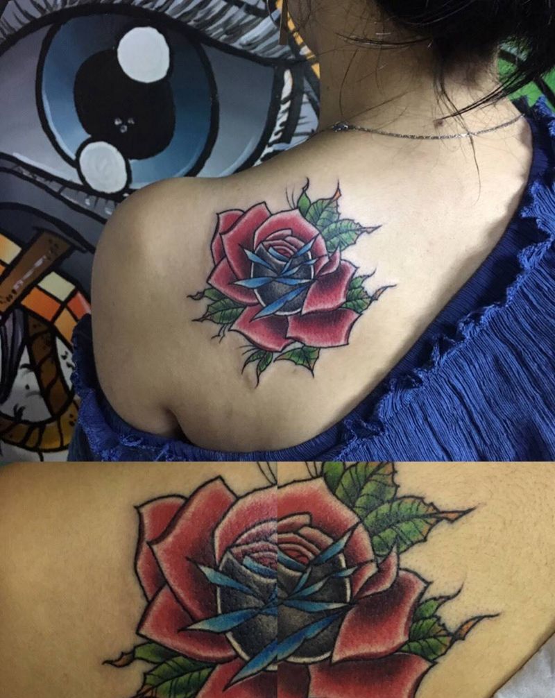 new school纹身图片_成品背部欧美清新植物玫瑰纹身图案