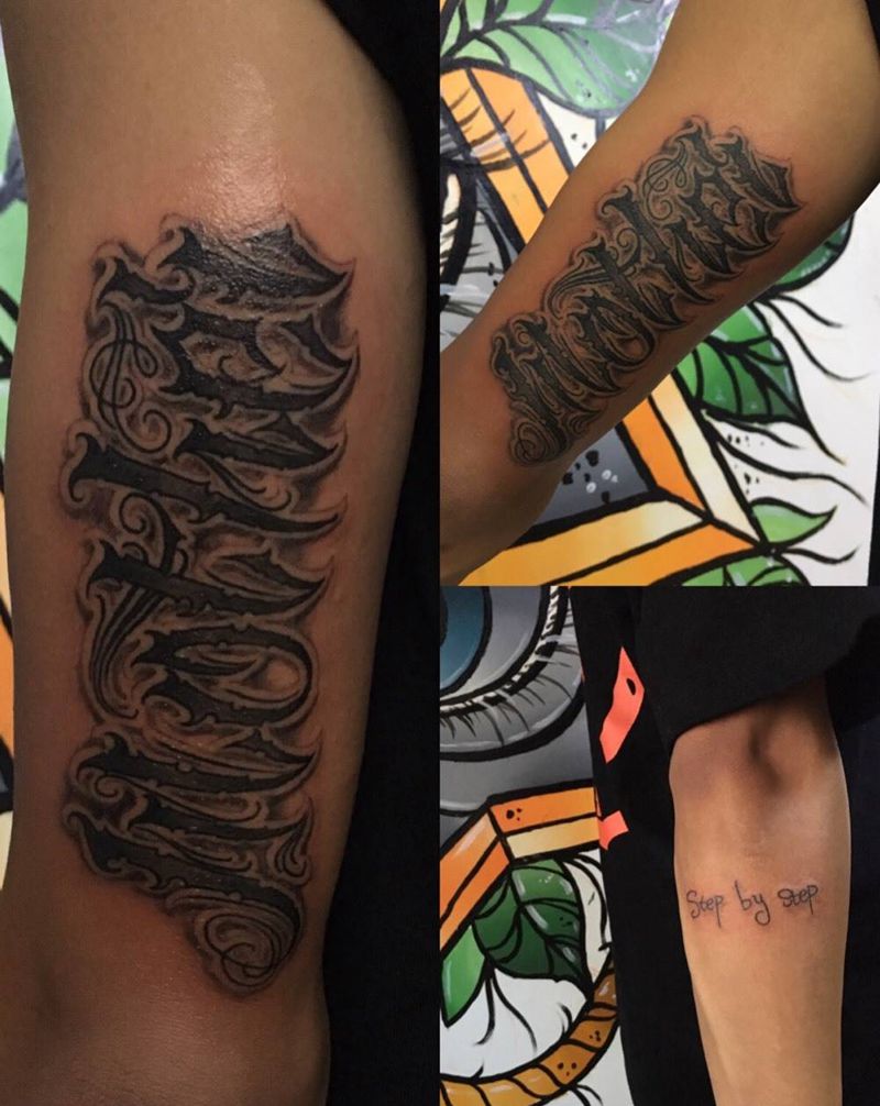 奇卡诺手写字体纹身图片_成品手臂欧美字符奇卡诺花体字匪气纹身图案