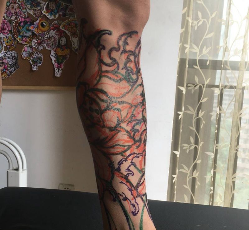 传统小腿纹身图片_成品腿部传统纹身图案