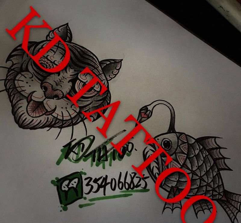 old school纹身图片_插画手稿欧美老虎鱼纹身图案