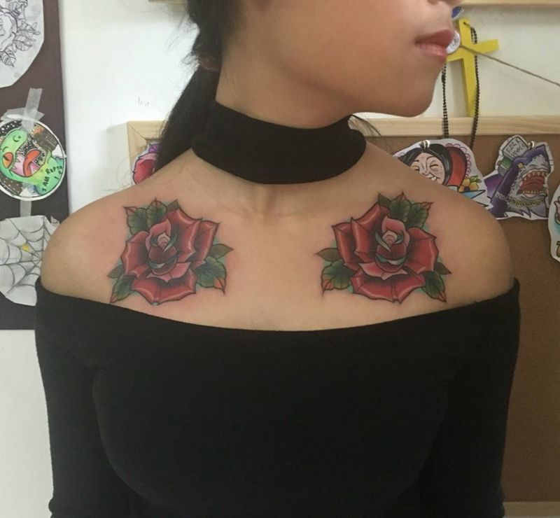 一对玫瑰纹身图片_手稿成品欧美纹身图案