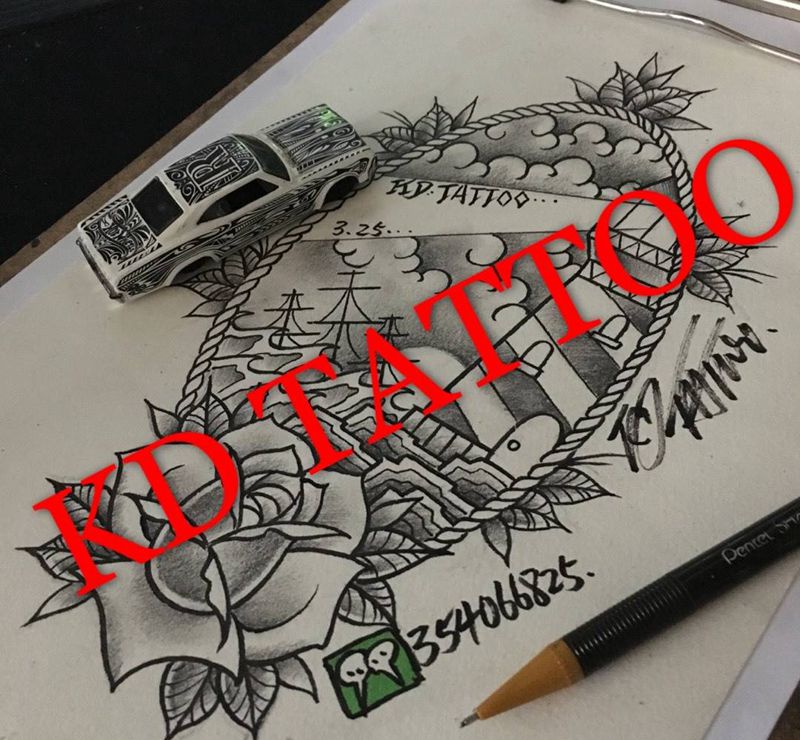 old school纹身图片_成品手稿插画手臂欧美建筑灯塔纹身图案