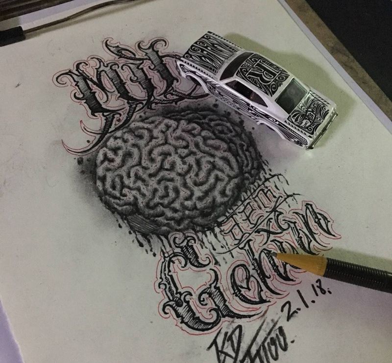 黑灰手稿纹身图片_手稿插画成品欧美黑灰写实花体字奇卡诺纹身图案