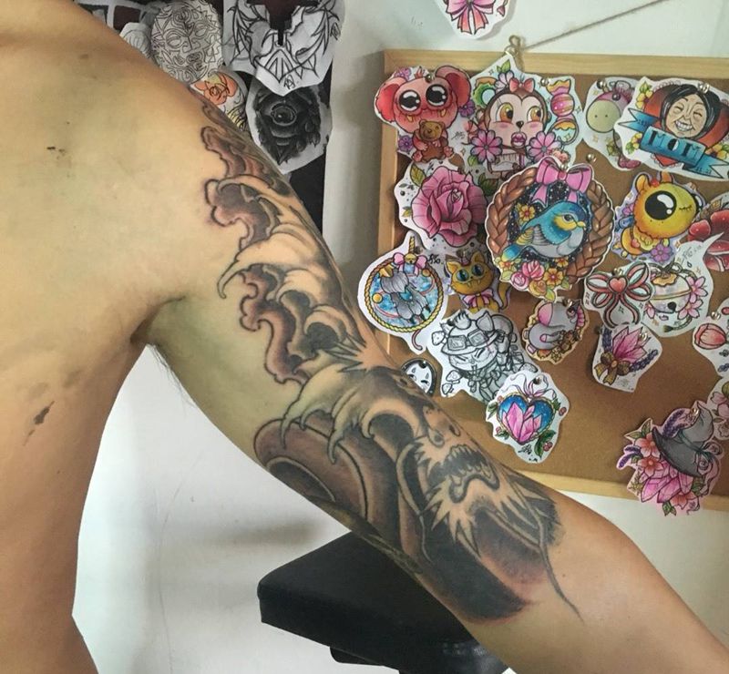 传统进度纹身图片_成品手臂传统纹身图案