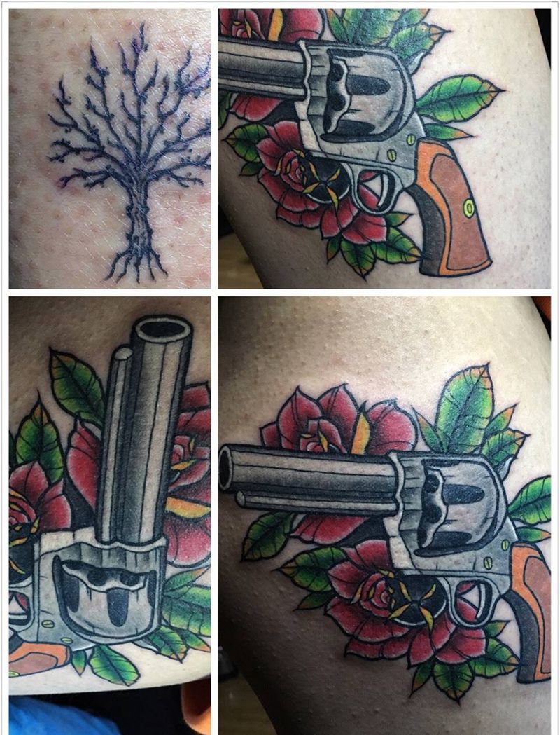 今天的图纹身图片_成品欧美清新手枪左轮手枪纹身图案