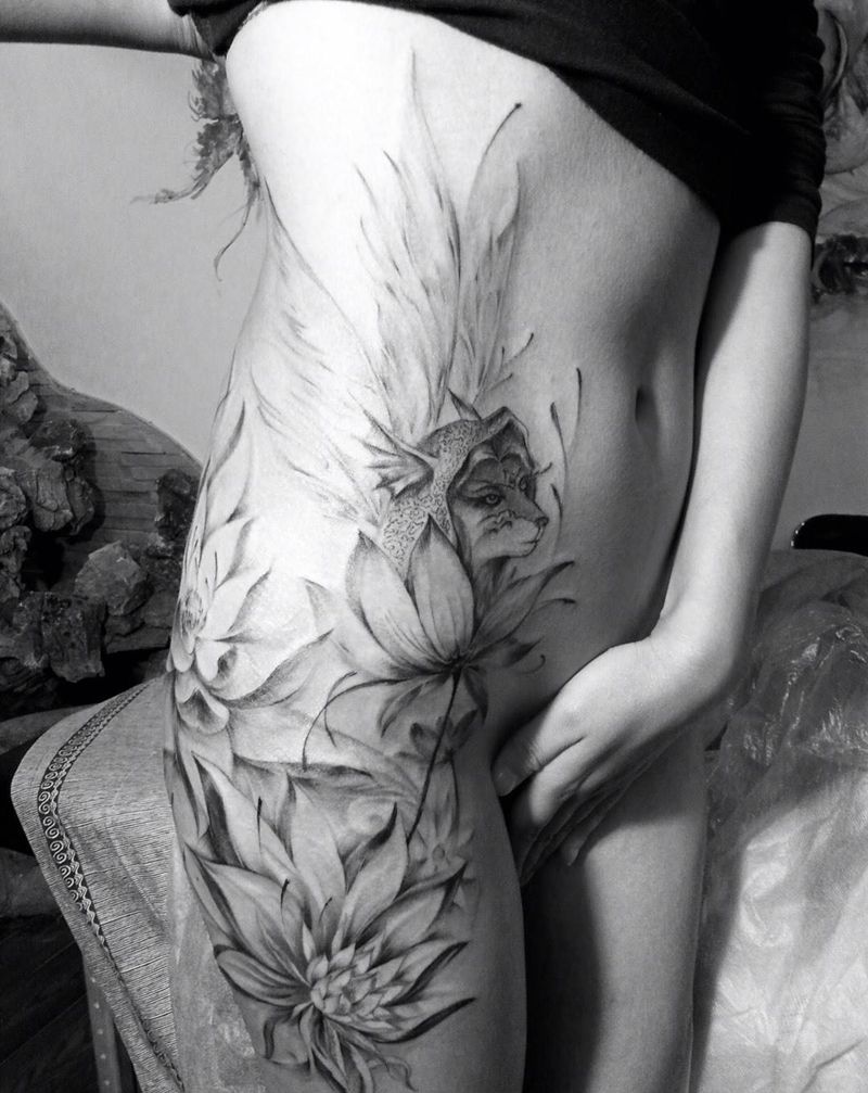 荷纹身图片_原创清新植物臀部腰部成品飘逸纹身图案