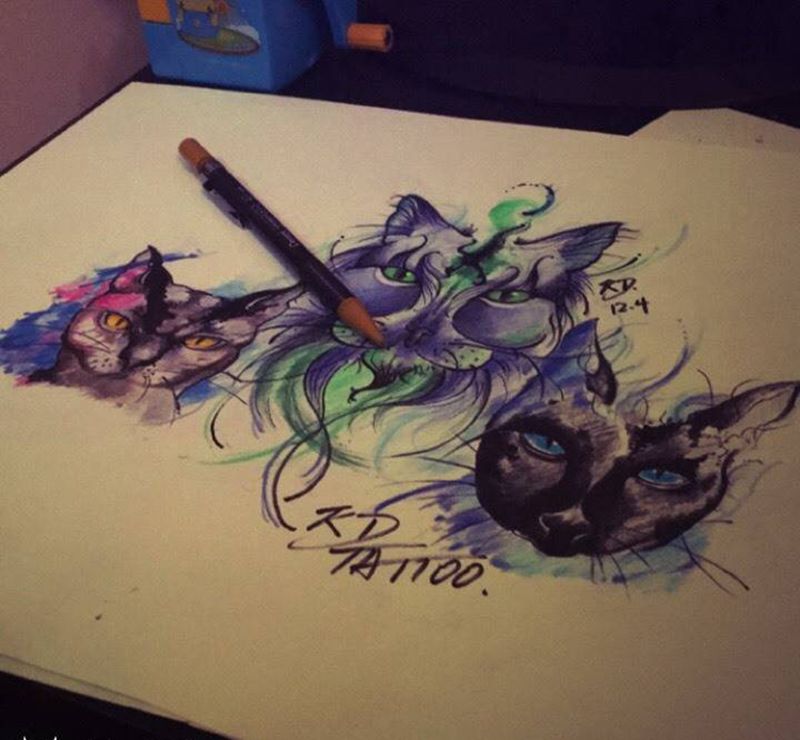 猫咪设计稿纹身图片_手稿插画欧美原创清新纹身图案