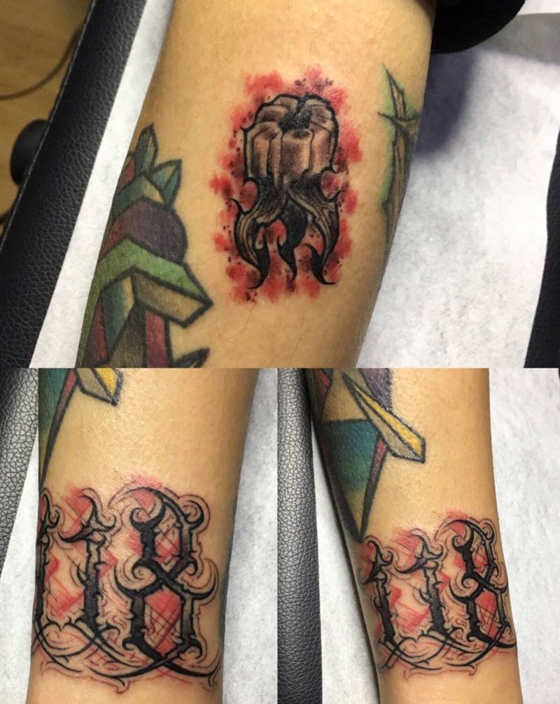 今天小图纹身图片_成品手臂欧美字符花体字奇卡诺牙齿纹身图案