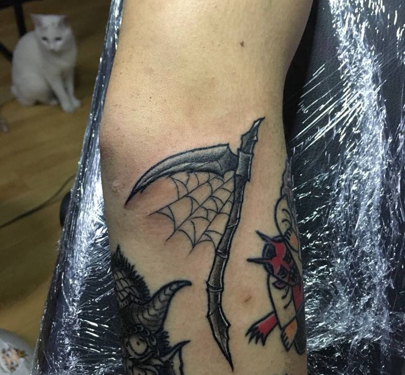 old school纹身图片_成品手稿手臂欧美镰刀死神纹身图案