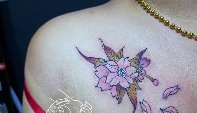 肩部樱花 傻哭啦纹身图片_肩部新传统New School樱花 彩色纹身图案