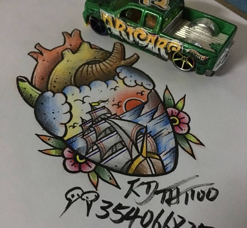 old school纹身图片_成品手稿插画欧美心脏帆船纹身图案