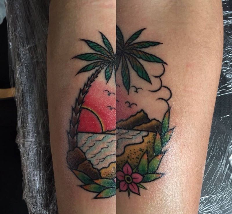 old school纹身图片_成品手臂欧美风景植物纹身图案