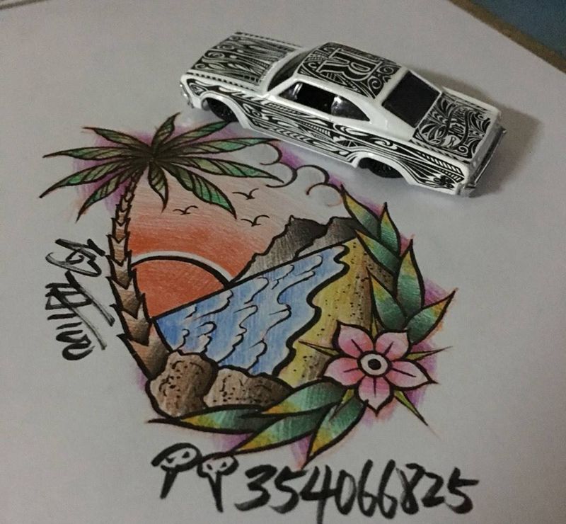 old school纹身图片_手稿插画成品欧美沙滩椰树夏威夷纹身图案