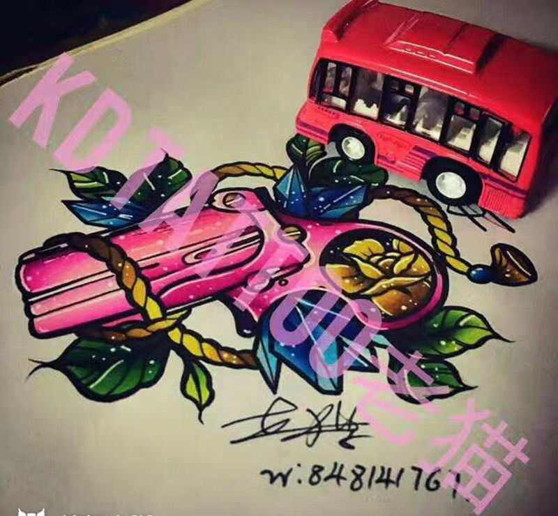 old school纹身图片_成品手稿插画欧美清新手枪火枪少女心纹身图案