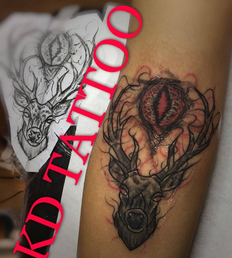 今天作品纹身图片_成品手稿手臂欧美传统字符鹿麋鹿纹身图案