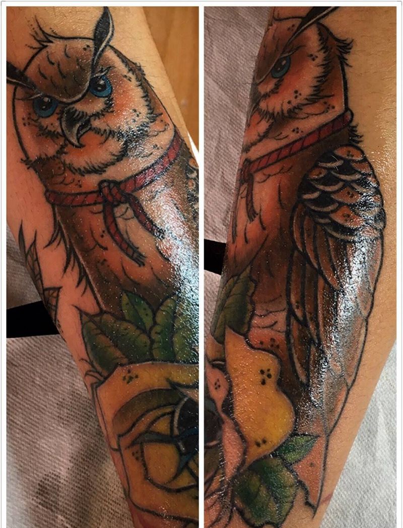 old school纹身图片_猫头鹰玫瑰纹身图案