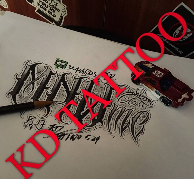 客人设计稿纹身图片_成品手稿插画欧美奇卡诺花体字匪气纹身图案