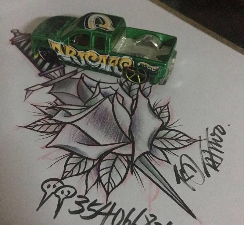 old school纹身图片_成品手稿插画欧美玫瑰匕首纹身图案