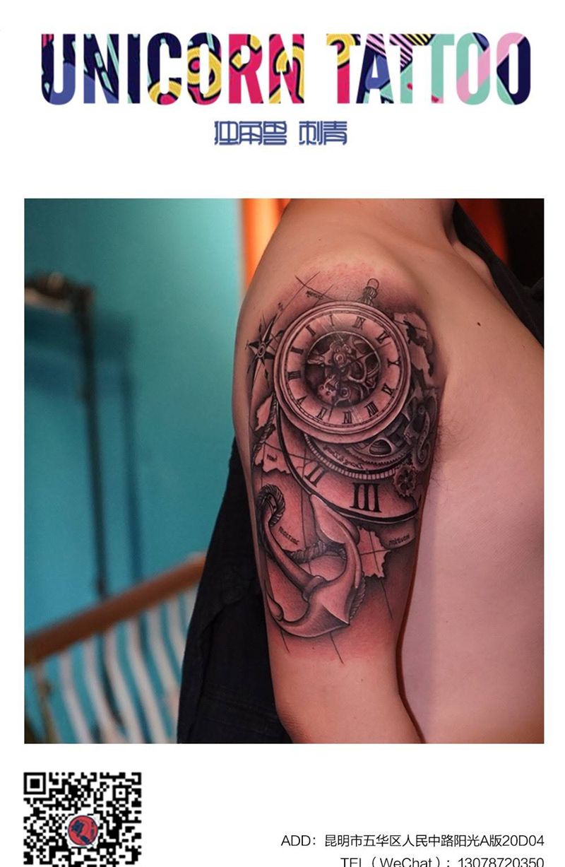 时钟船锚纹身图片