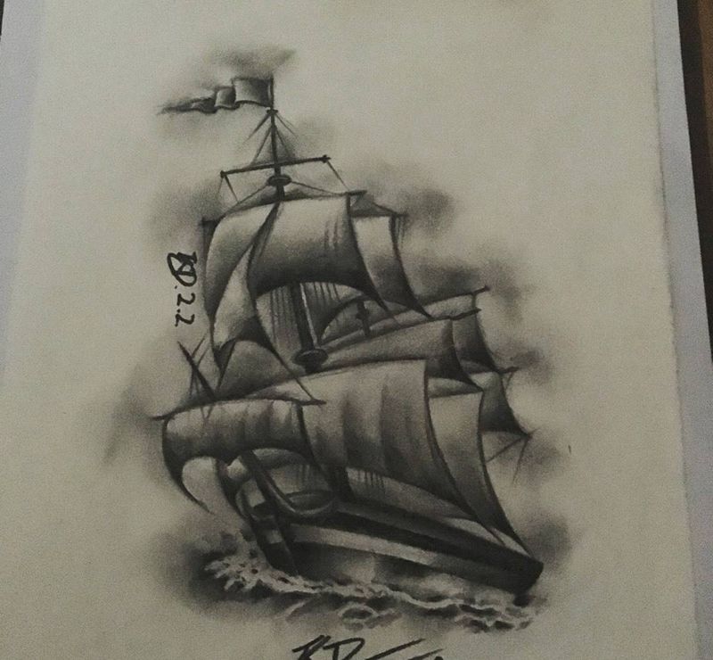 帆船⛵️手稿纹身图片_手稿插画欧美写实纹身图案