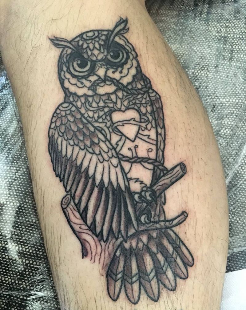 猫头鹰纹身图片_成品腿部欧美动物纹身图案