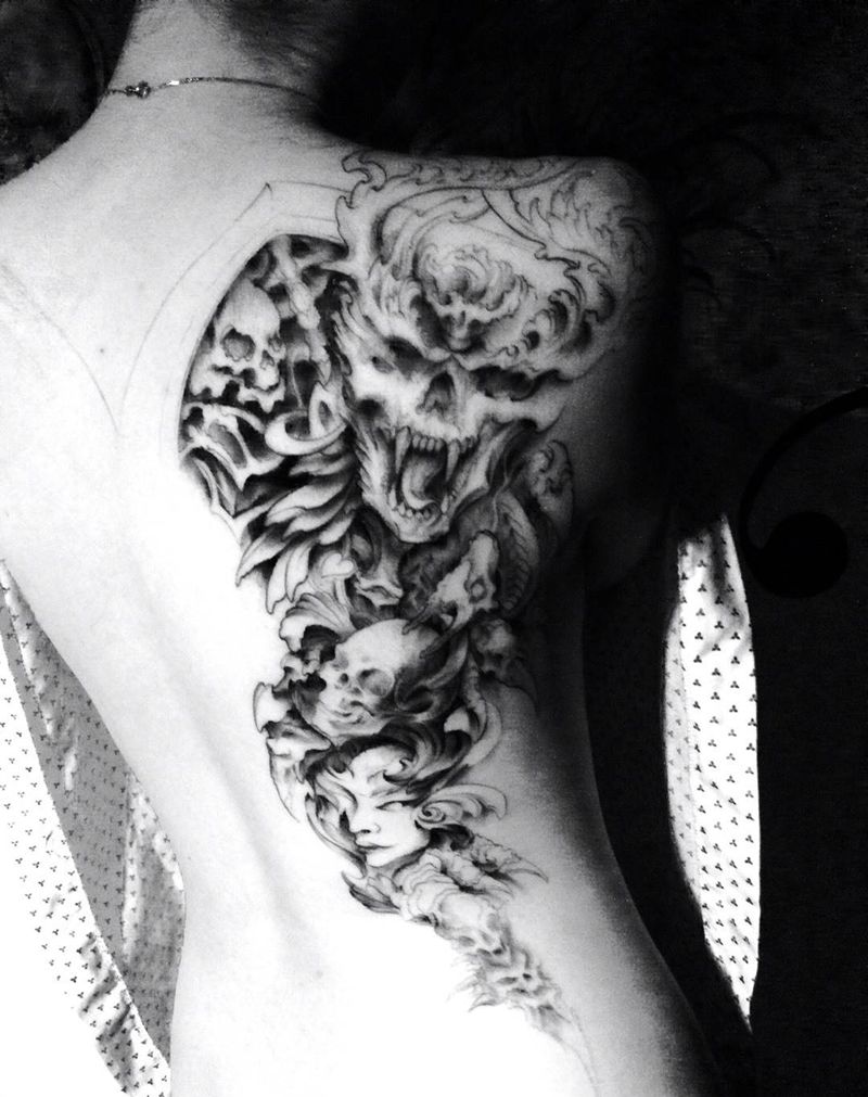 魔羽纹身图片_原创欧美手稿背部纹身图案