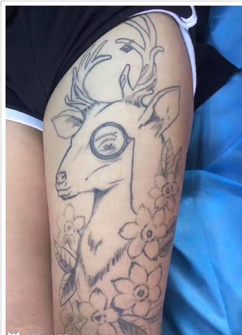 修改前后纹身图片_成品腿部欧美清新动物鹿麋鹿纹身图案